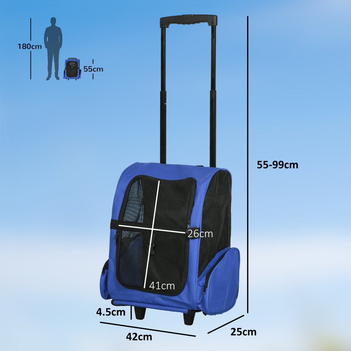 2-in-1 Pet Travel Backpack & Trolley Carrier with Telescopic Handle - 4 PU Wheels