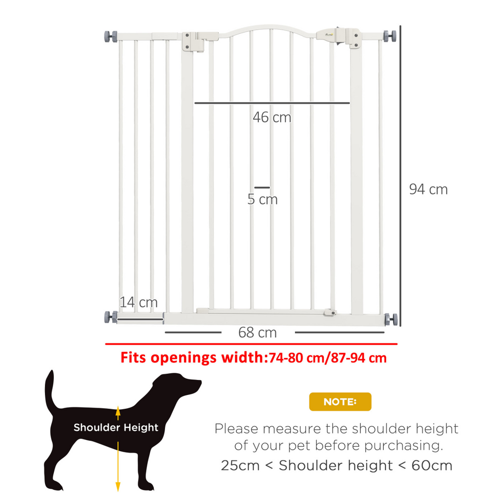 PawHut 74-94cm Adjustable Metal Pet Gate with Auto-Close Door, White