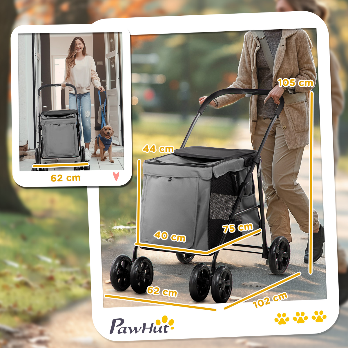 PawHut One-Click Foldable Pet Stroller with Mesh Windows for Small Dogs - Grey