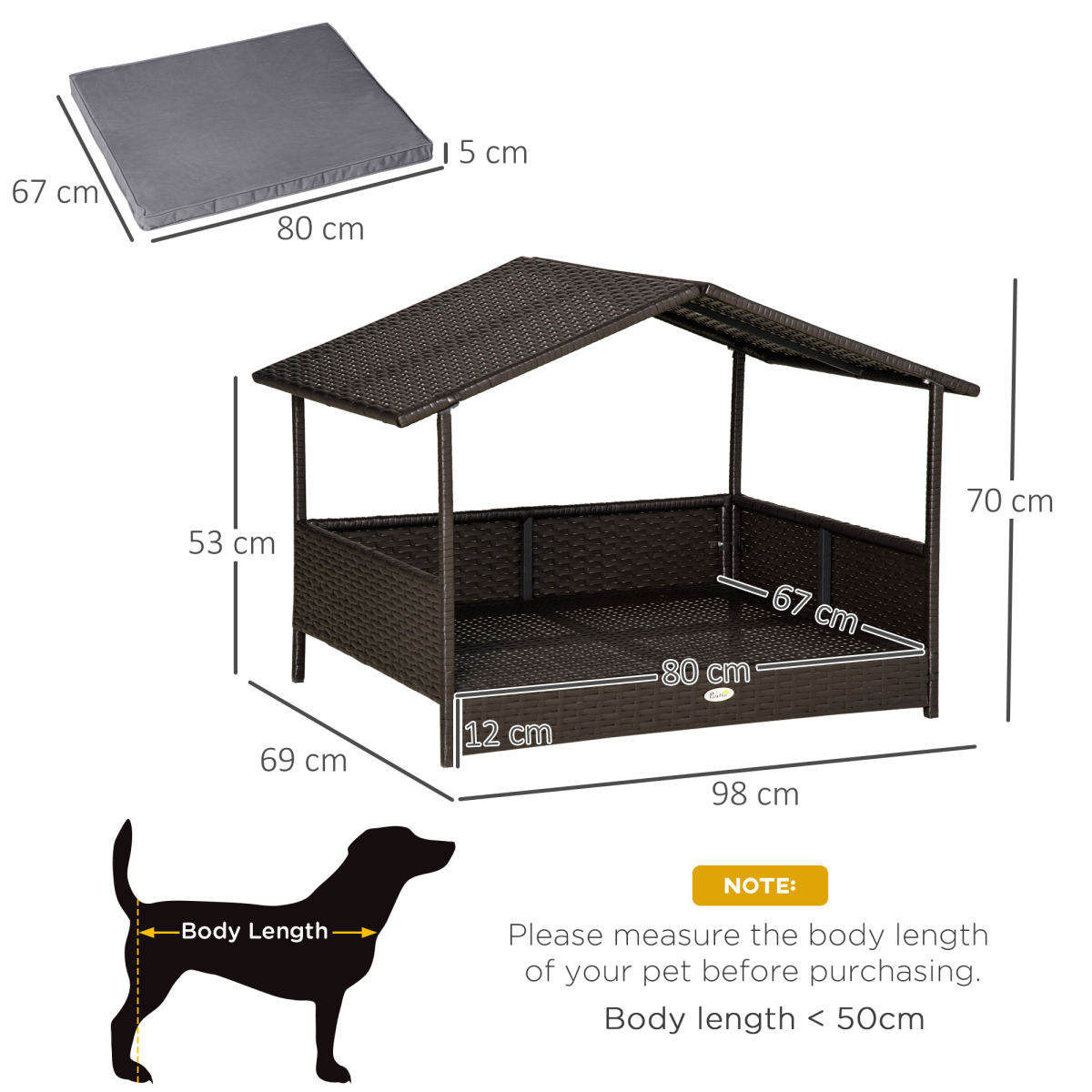 PawHut Wicker Dog House, Cat Basket & Rattan Pet Bed with Cushion - Grey