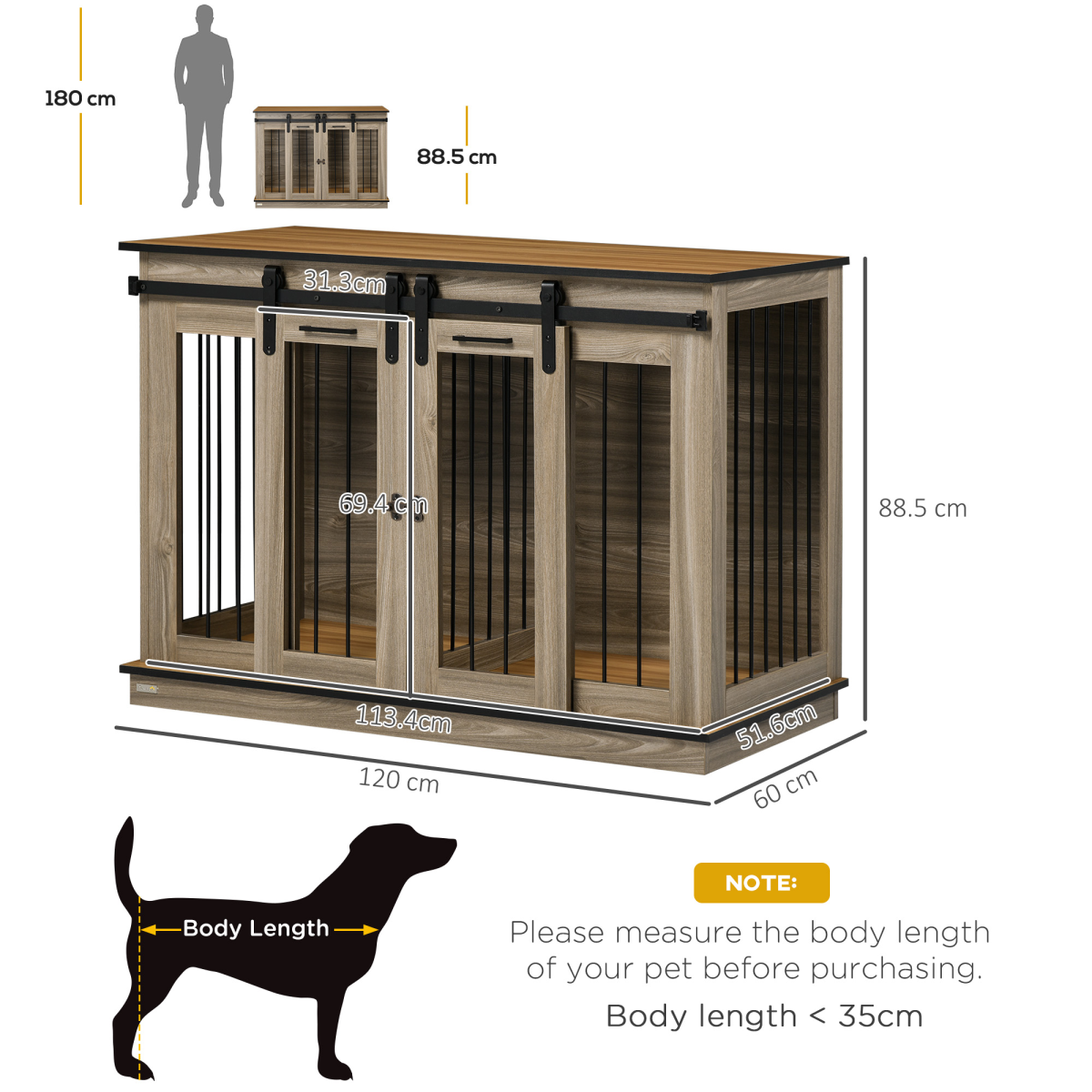 PawHut Oak-Tone 2-Room Dog Crate with Divider & Lockable Doors