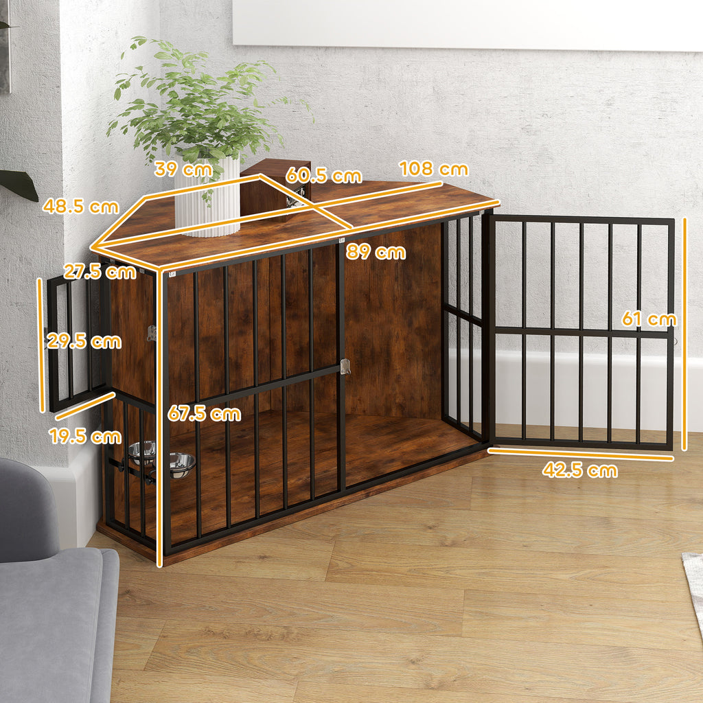 PawHut Corner Dog Crate with Dual Bowls - Space-Saving for Small & Medium Dogs