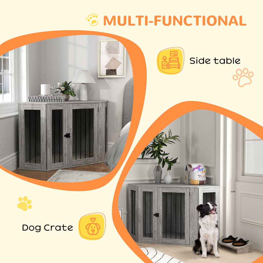 PawHut Large Dog Crate Furniture with Cushion & Door - Grey