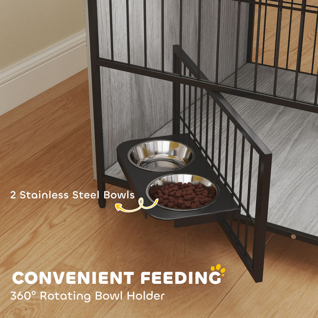 PawHut 2-in-1 Rotating Bowl Dog Crate Table for Medium Dogs, Grey