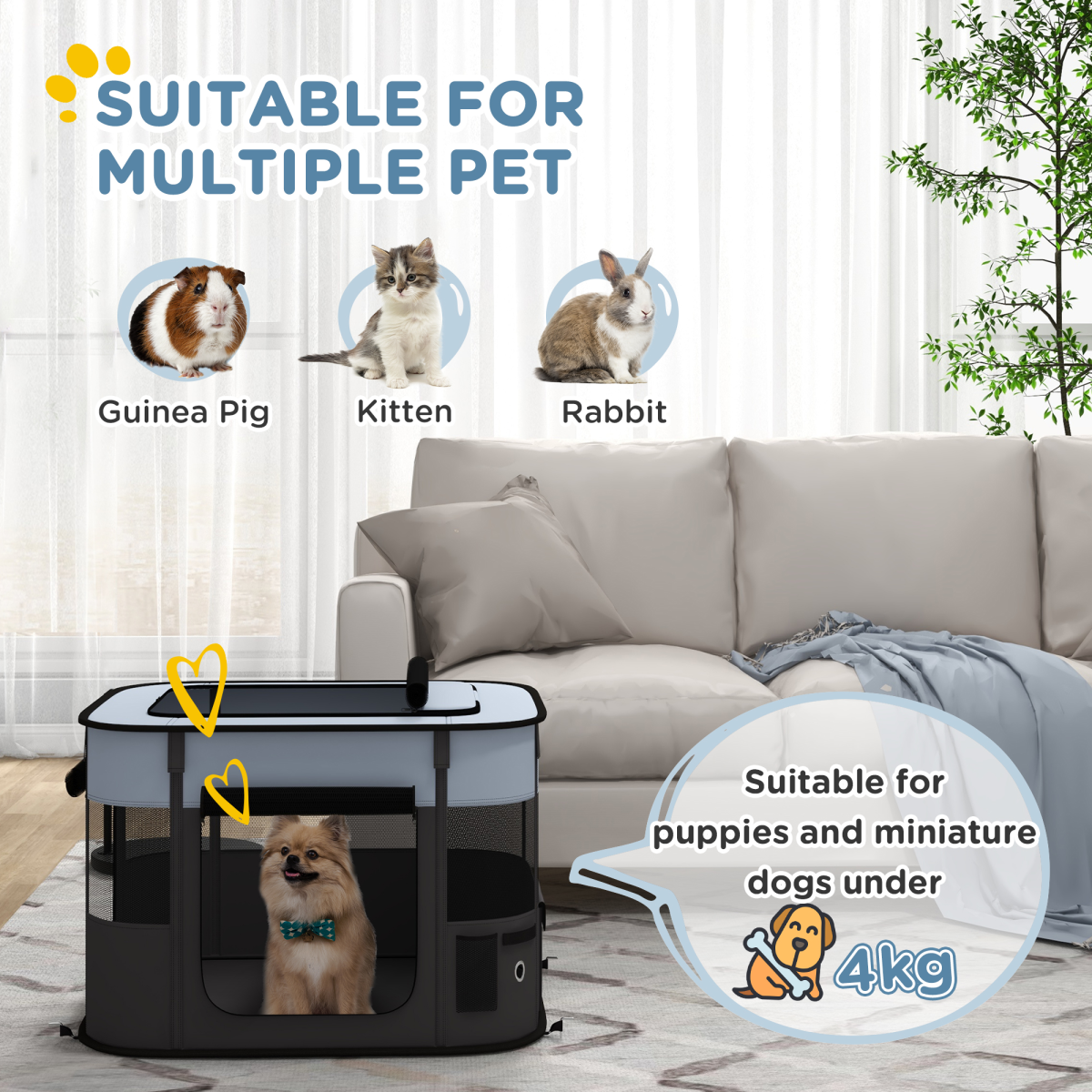 PawHut Portable Pet Pen for Small Animals - Foldable, 74x60x45 cm, Grey