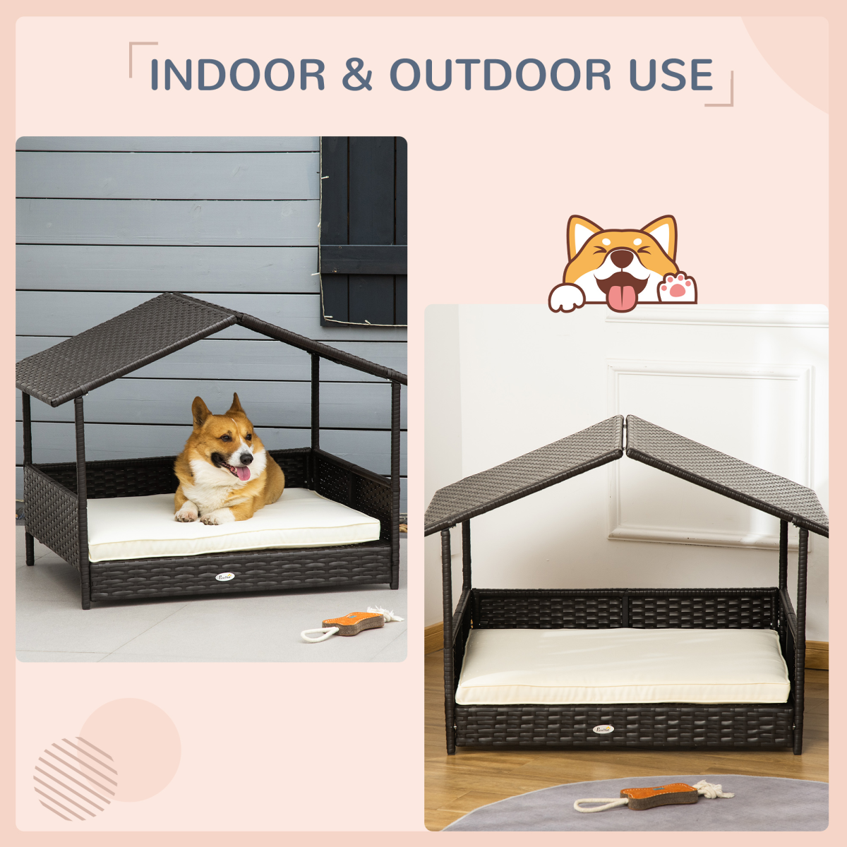 PawHut Wicker Dog House & Rattan Pet Bed with Cushion - Cream