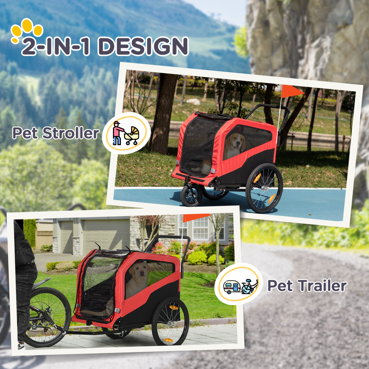 2-in-1 Dog Bike Trailer & Stroller for Large Dogs, Hitch-Ready, Red