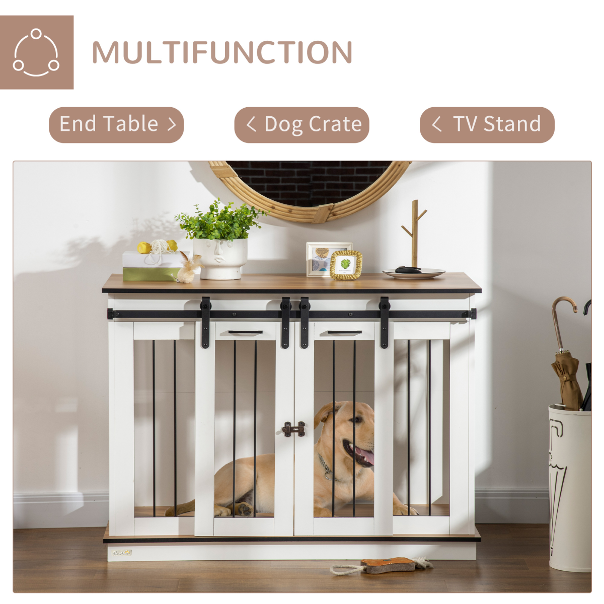 Dual-Dog Crate Furniture for Large & Small Dogs, White, Divider & Tabletop