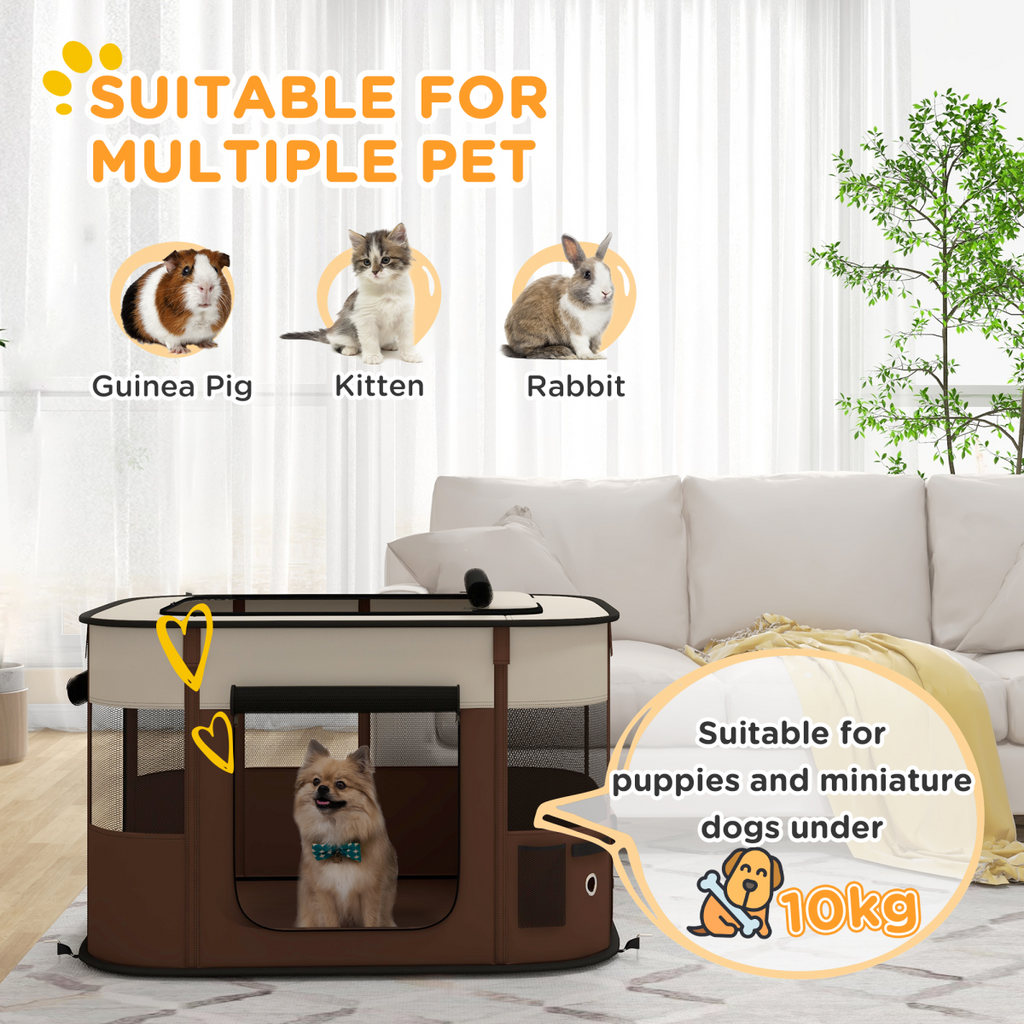 PawHut Portable Pet Pen for Small Animals - Brown, Foldable & Ventilated