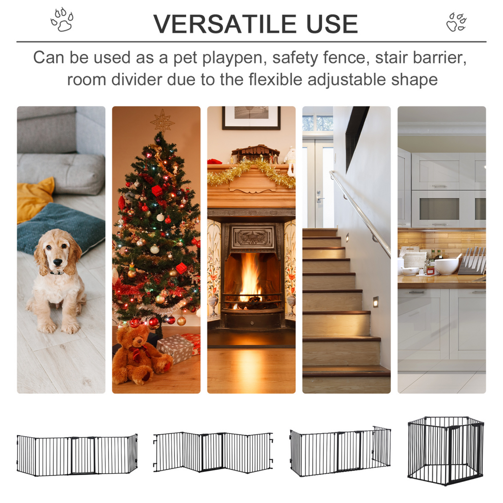 5-Panel Pet Gate Dog Playpen - Indoor Stair Barrier with Walk-Through Door Black
