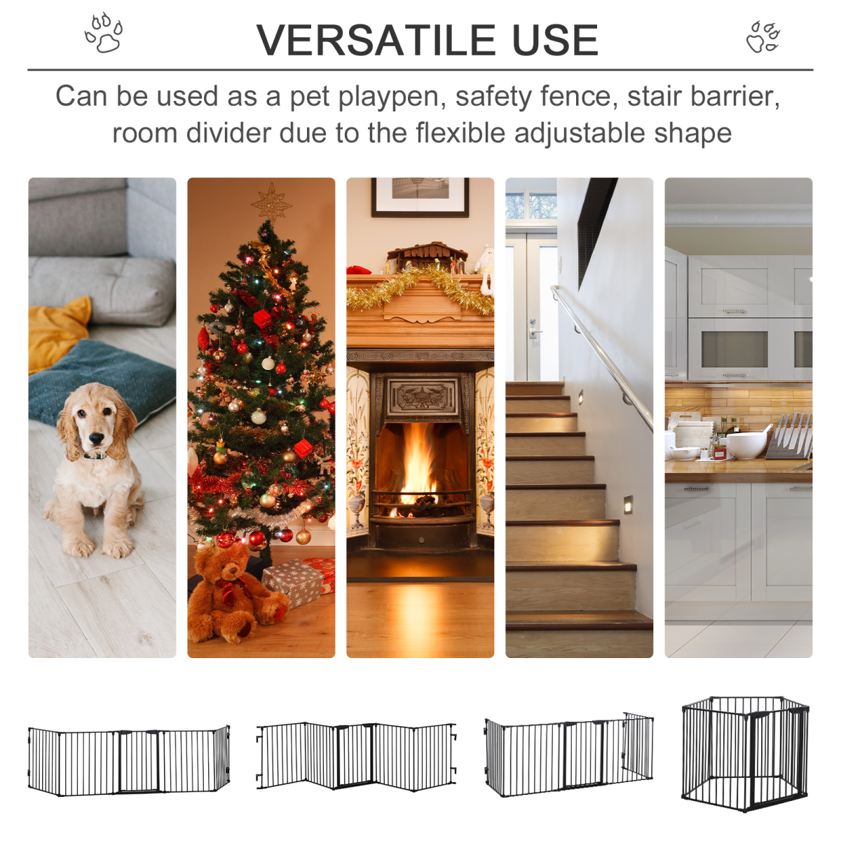 5-Panel Pet Gate Dog Playpen - Indoor Stair Barrier with Walk-Through Door Black