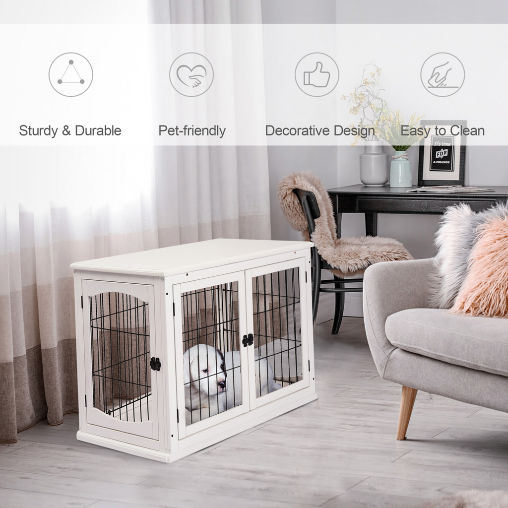 Wooden Dog Crate End Table with Metal Wire - Small Dog Cage, White