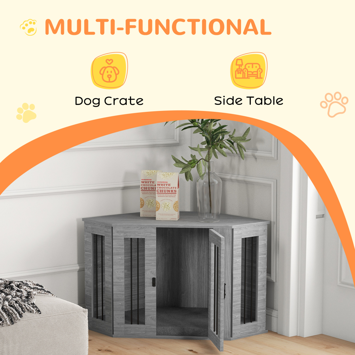 PawHut Dog Crate & Side Table for Medium Dogs, Large Door, Grey