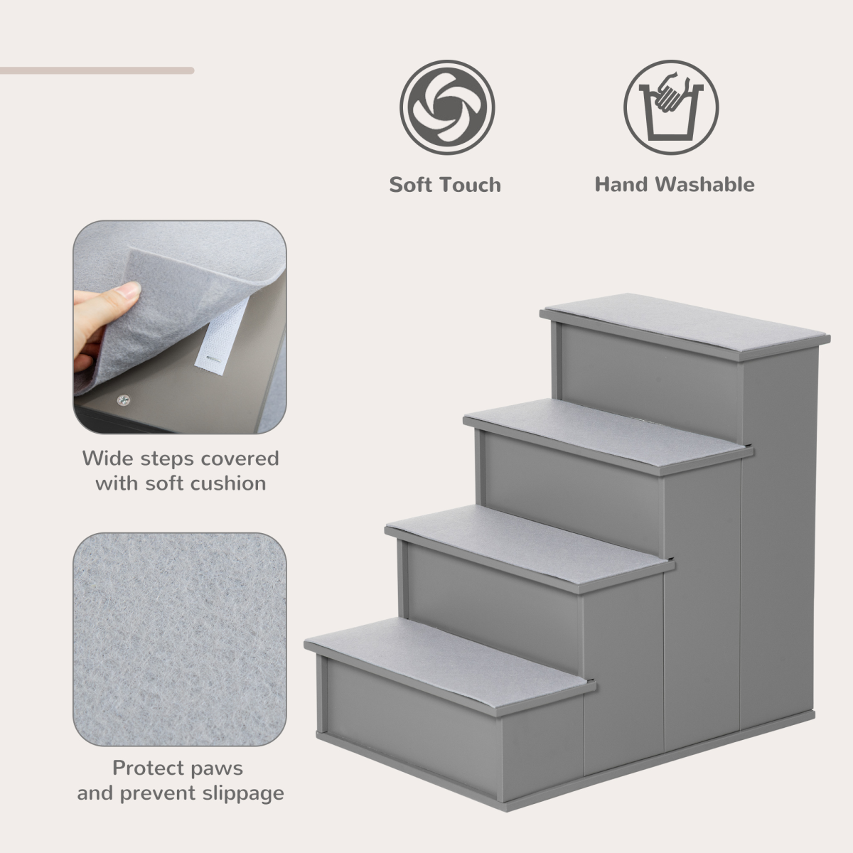 4-Step Wooden Pet Stairs with Cushioned Treads for Bed & Couch, Grey Pawhut