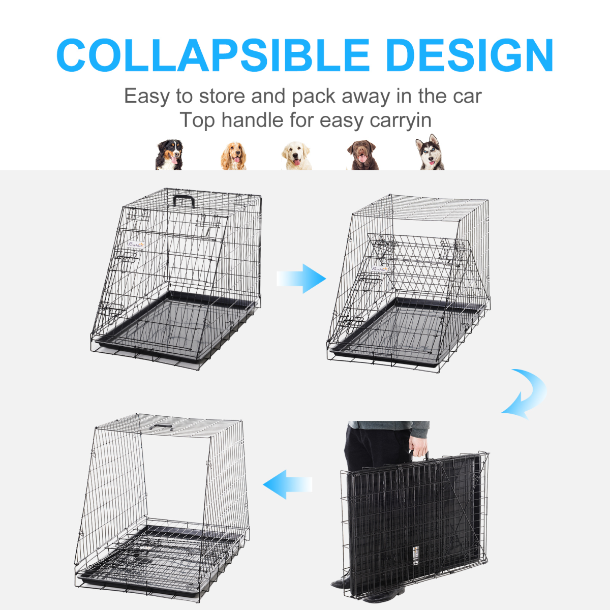 PawHut Trapeze Collapsible Dog Cage with Removable Tray 93x58x65 cm