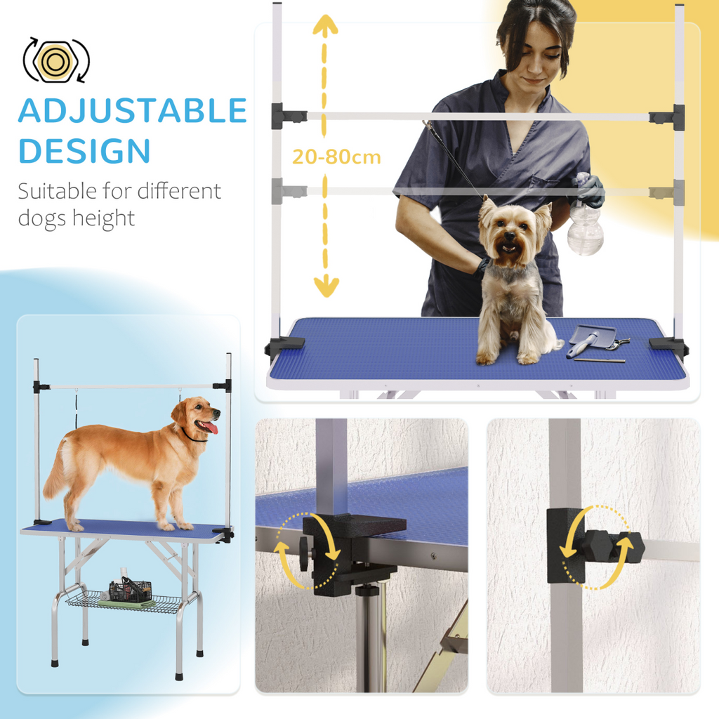 Metal Adjustable Dog Grooming Table with Rubber Top, 2 Safety Slings Pawhut