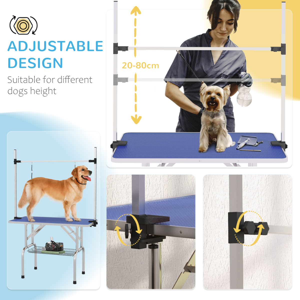 Metal Adjustable Dog Grooming Table with Rubber Top, 2 Safety Slings Pawhut