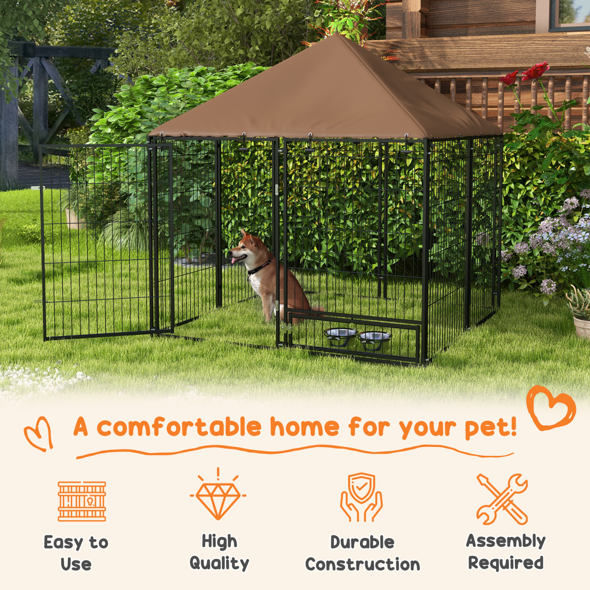 Outdoor Dog Kennel with Canopy Top, Secure Lock & Rotating Bowl Holder