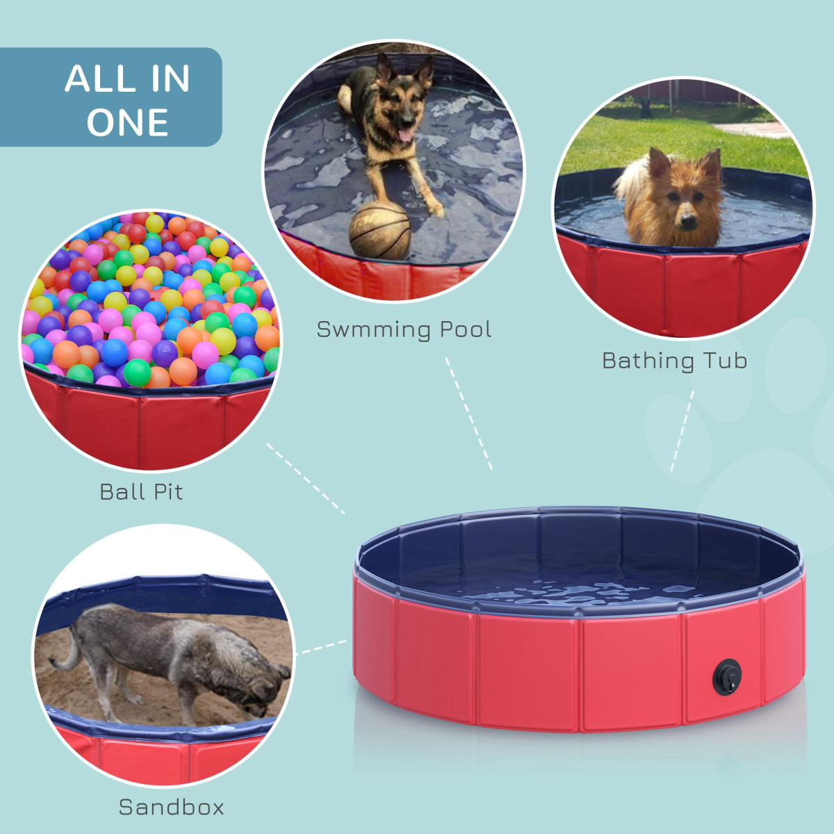 Red Pawhut Foldable Pet Paddling Pool, 80cm Diameter, Indoor/Outdoor