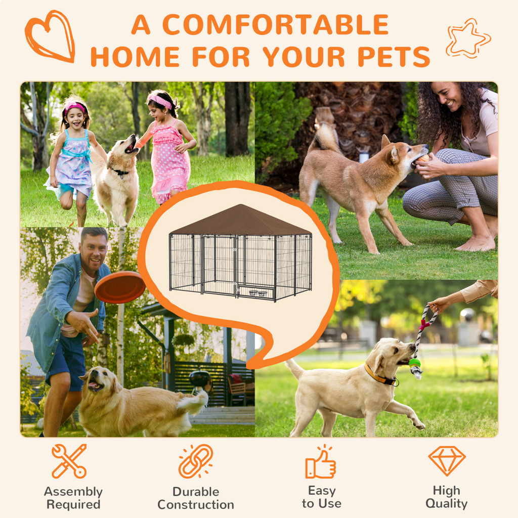 PawHut Outdoor Dog House with Canopy & Locking Rotating Bowl Holder