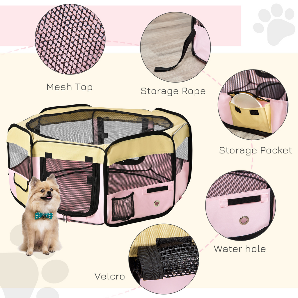 Pink Fabric Pet Playpen - Portable, Foldable Mesh Enclosure for Small Pets