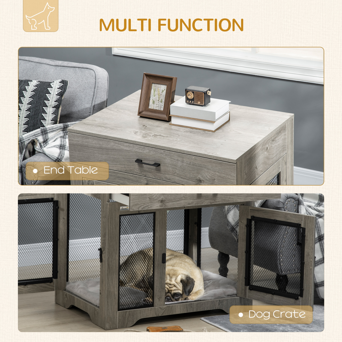 Furniture-Style Double-Door Dog Crate for Medium Dogs - Indoor Grey