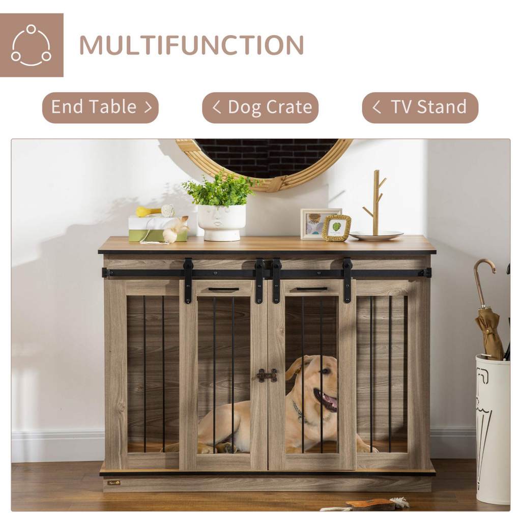 PawHut Oak-Tone 2-Room Dog Crate with Divider & Lockable Doors