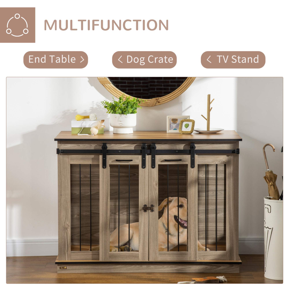 PawHut Oak-Tone 2-Room Dog Crate with Divider & Lockable Doors