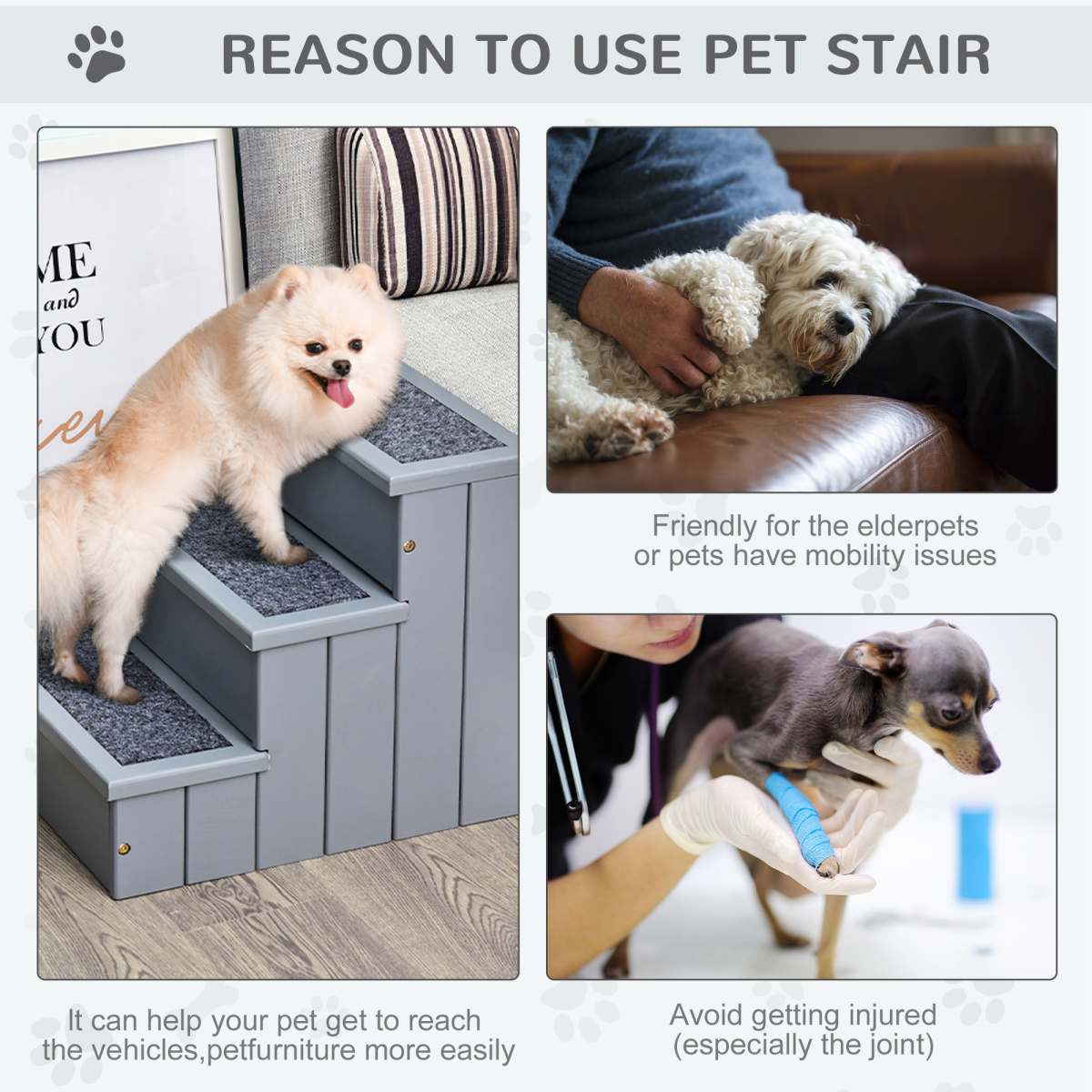 Pawhut 3-Step Wooden Dog Stairs with Hidden Storage, Grey