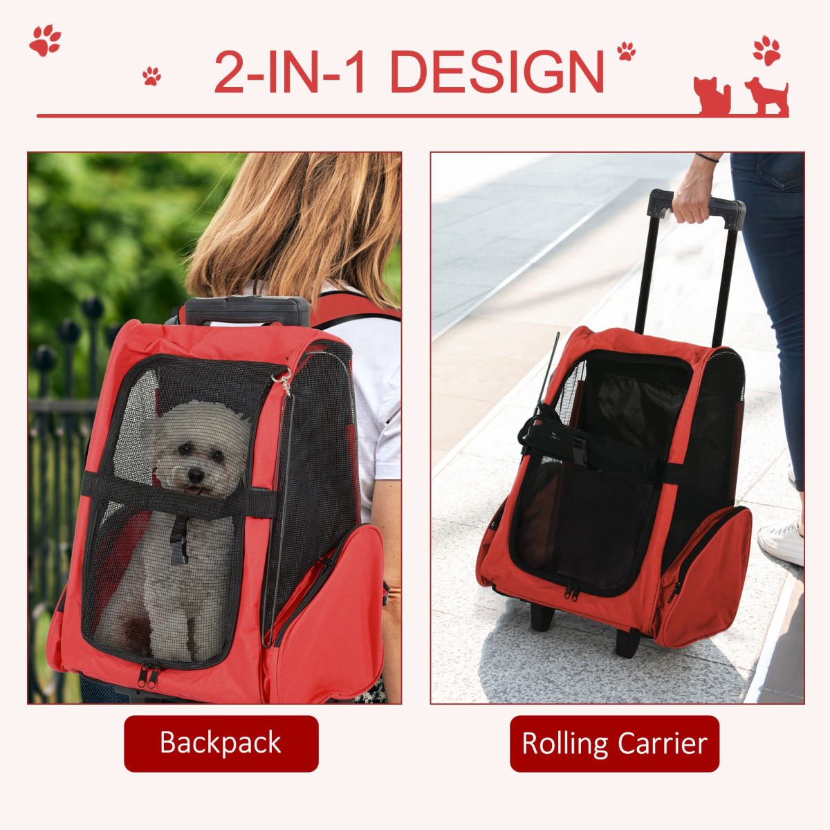 2-in-1 Pet Travel Backpack & Trolley Carrier with Telescopic Handle