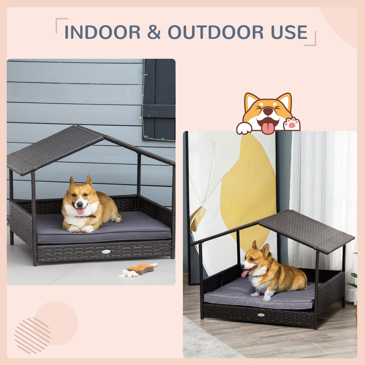 PawHut Wicker Dog House, Cat Basket & Rattan Pet Bed with Cushion - Grey