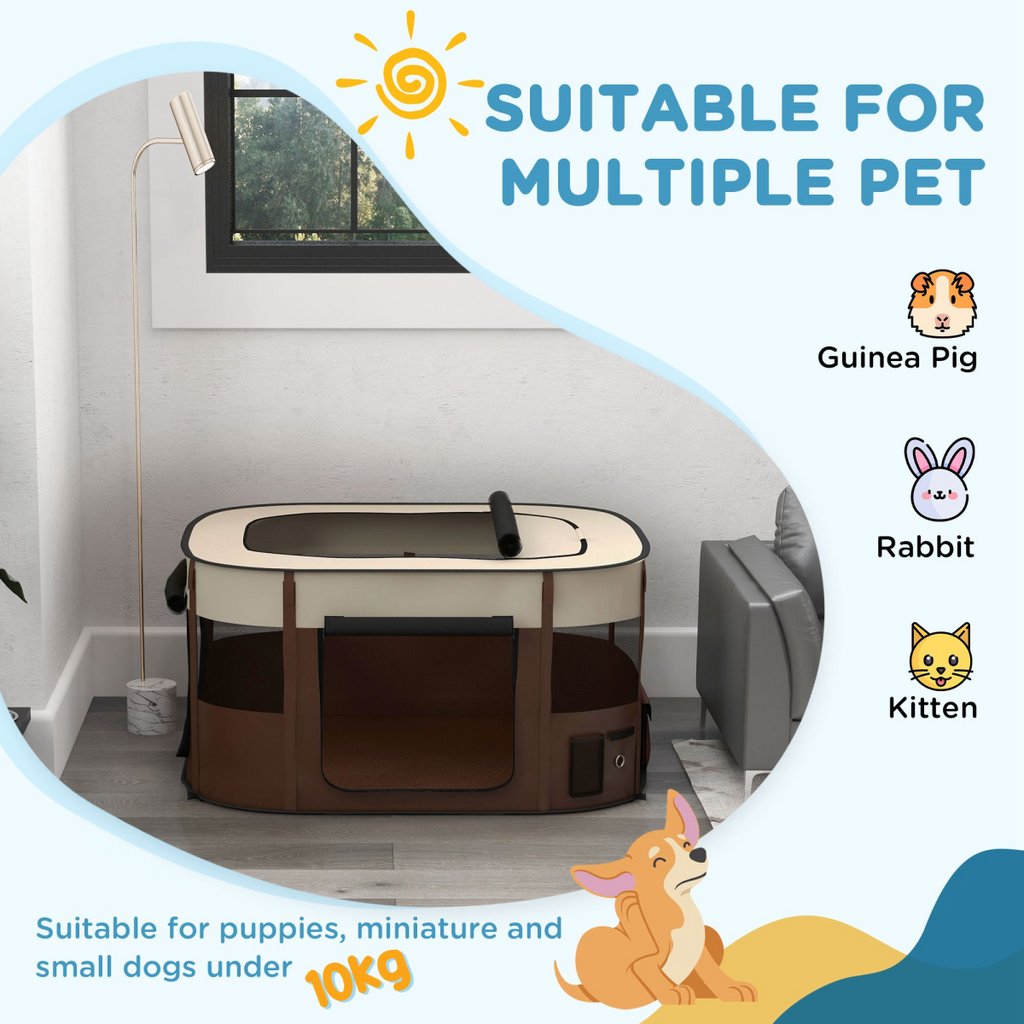 PawHut Portable Pet Pen for Small Animals - Foldable, 114x89x59 cm, Brown