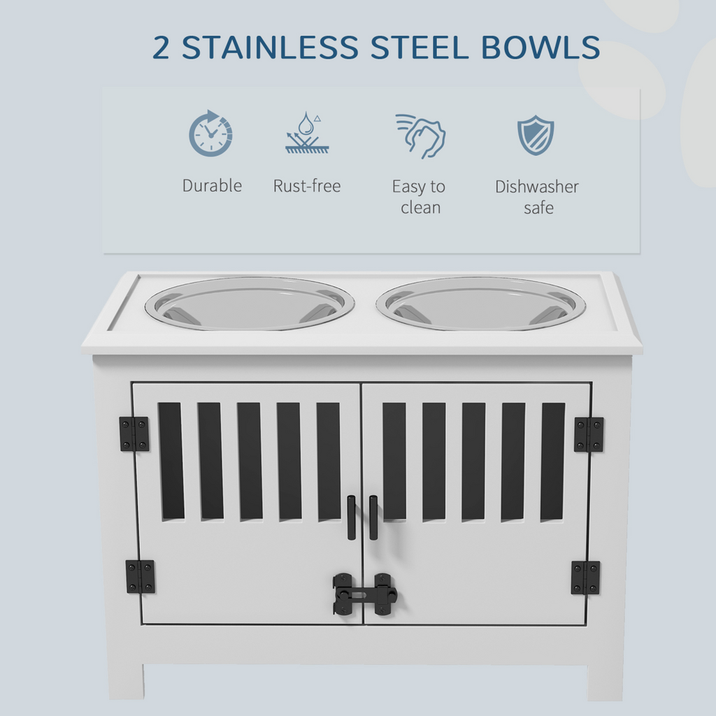 PawHut Raised 2-Bowl Dog Feeding Station for Large Dogs with Storage - White