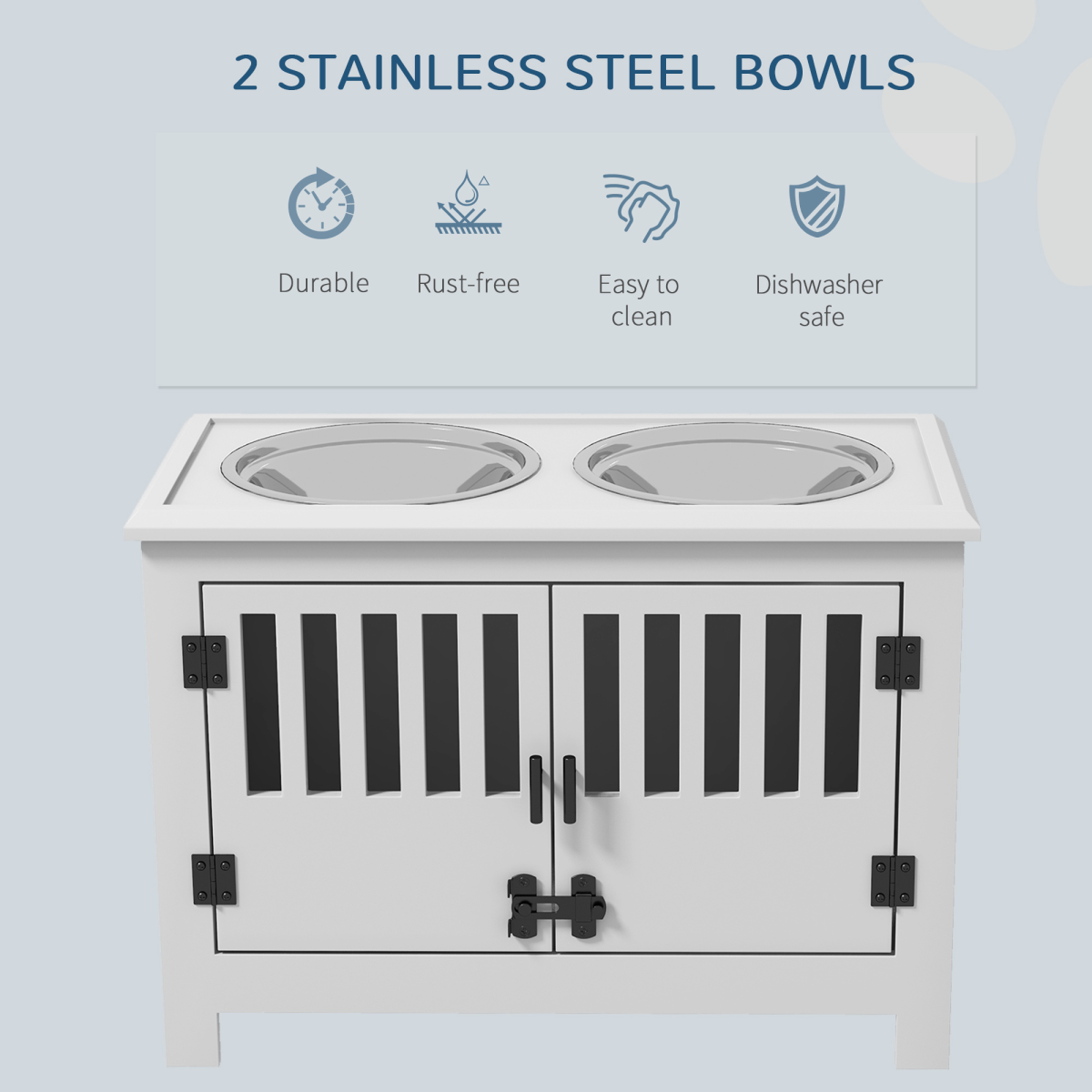 PawHut Raised 2-Bowl Dog Feeding Station for Large Dogs with Storage - White