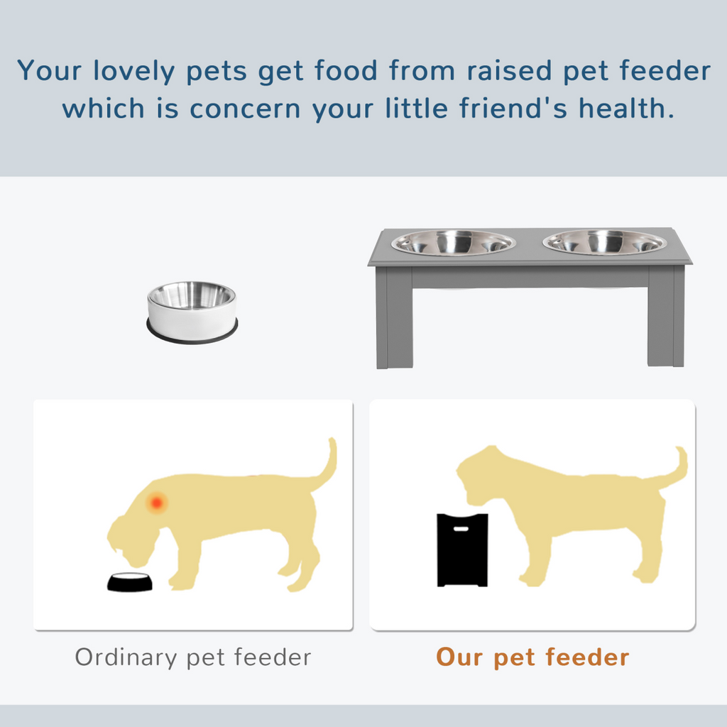 PawHut Double Bowl Raised Dog Feeder - Stainless Steel, Anti-Slip Grey