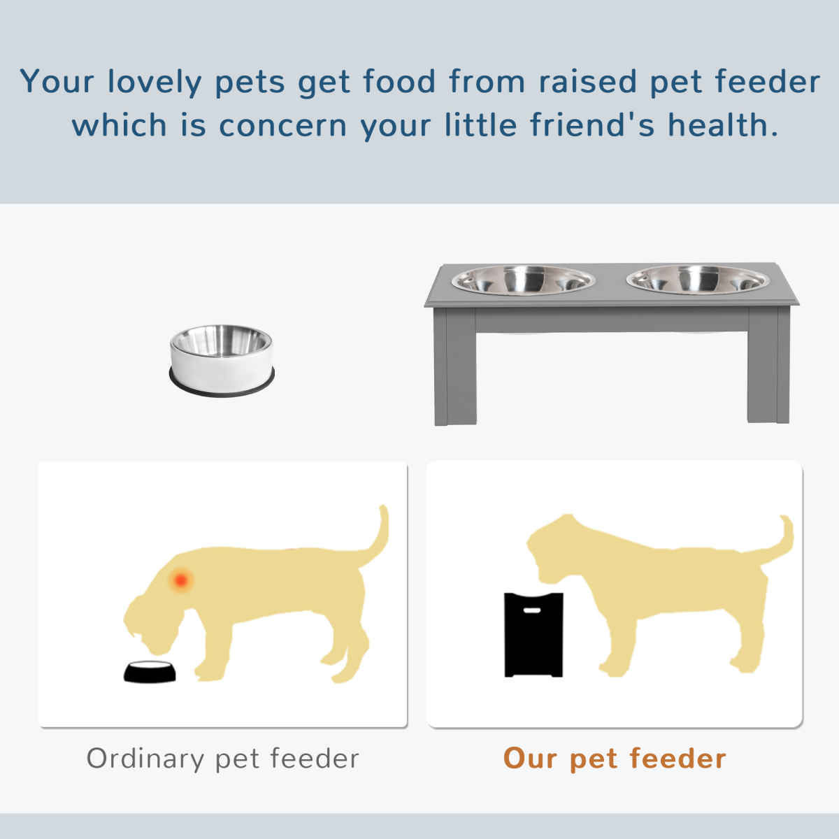 PawHut Double Bowl Raised Dog Feeder - Stainless Steel, Anti-Slip Grey