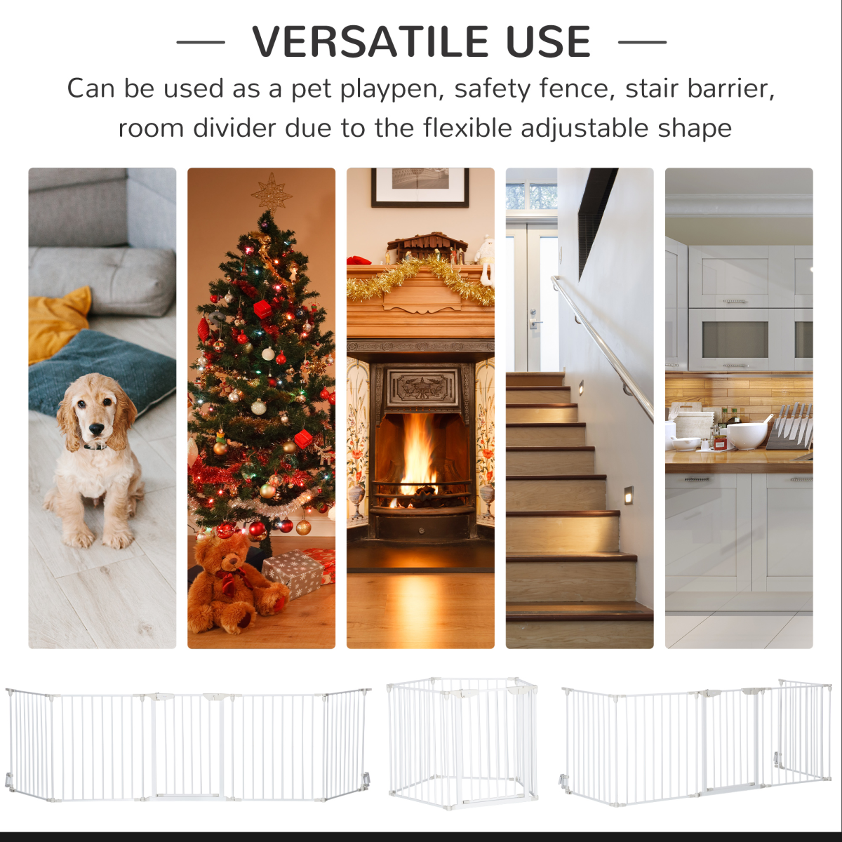 5-Panel Pet Gate Playpen, Indoor Stair Barrier with Walk-Through Door, White