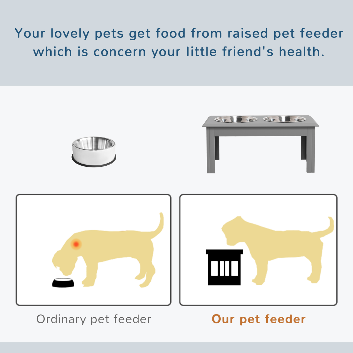 PawHut Elevated Stainless Steel Dog Bowl Feeder - Anti-Slip Grey