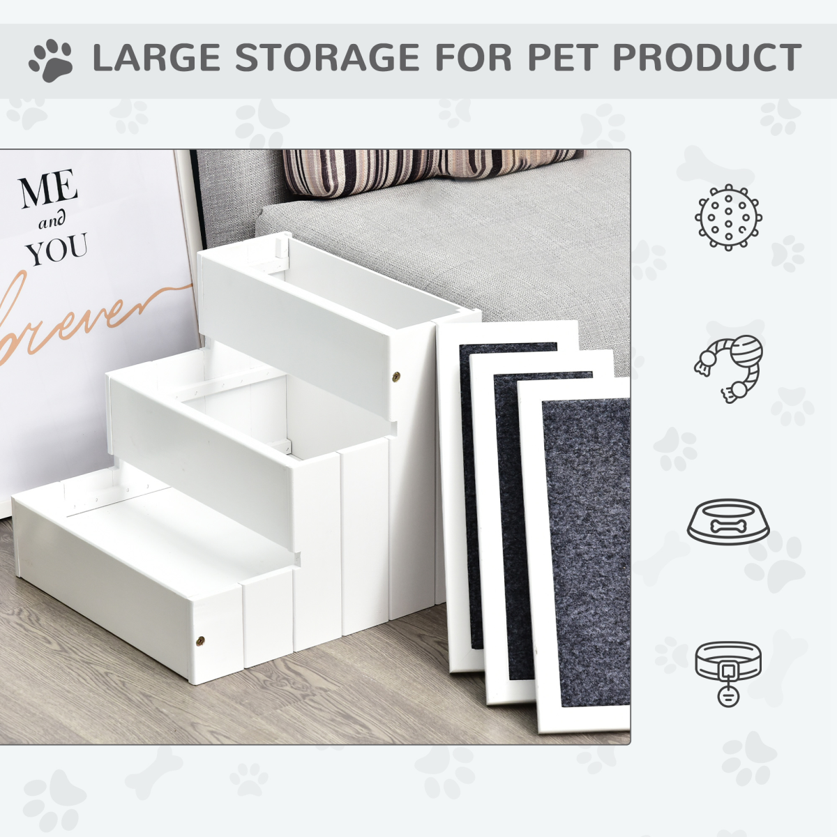 3-Step Wooden Dog Steps with Hidden Storage - Pawhut Pet Stairs for Bed