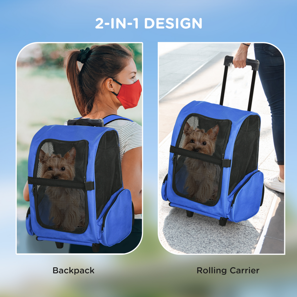 2-in-1 Pet Travel Backpack & Trolley Carrier with Telescopic Handle - 4 PU Wheels