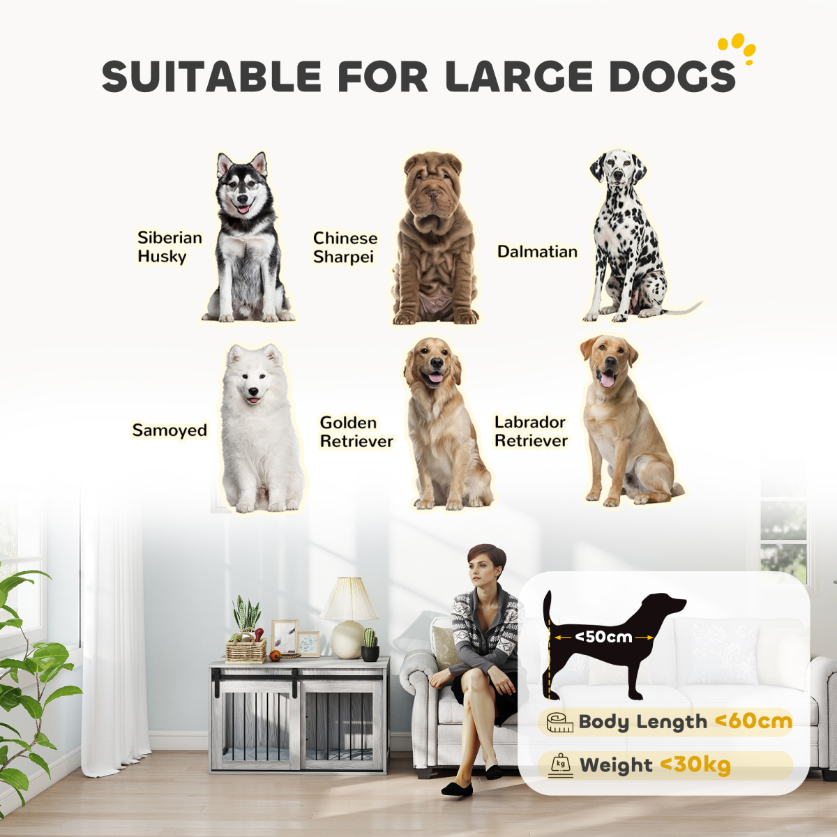 PawHut Large Dog Crate & Side Table with Removable Cushion - Grey