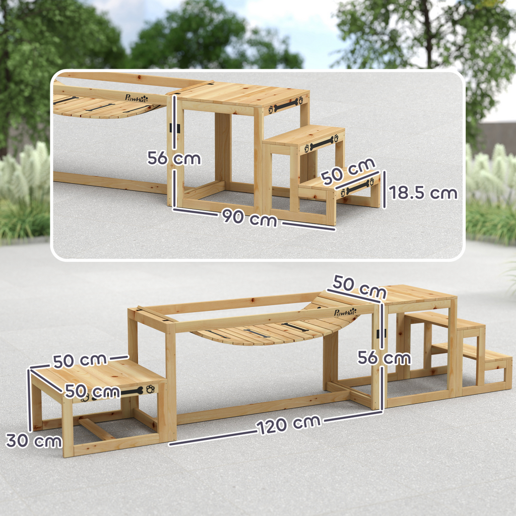 PawHut 3-Piece Wooden Dog Agility Kit: Soft Bridge, Pause Platform & Ladder