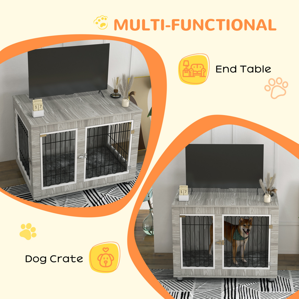 PawHut Dog Crate End Table with Soft Cushion, Double Doors