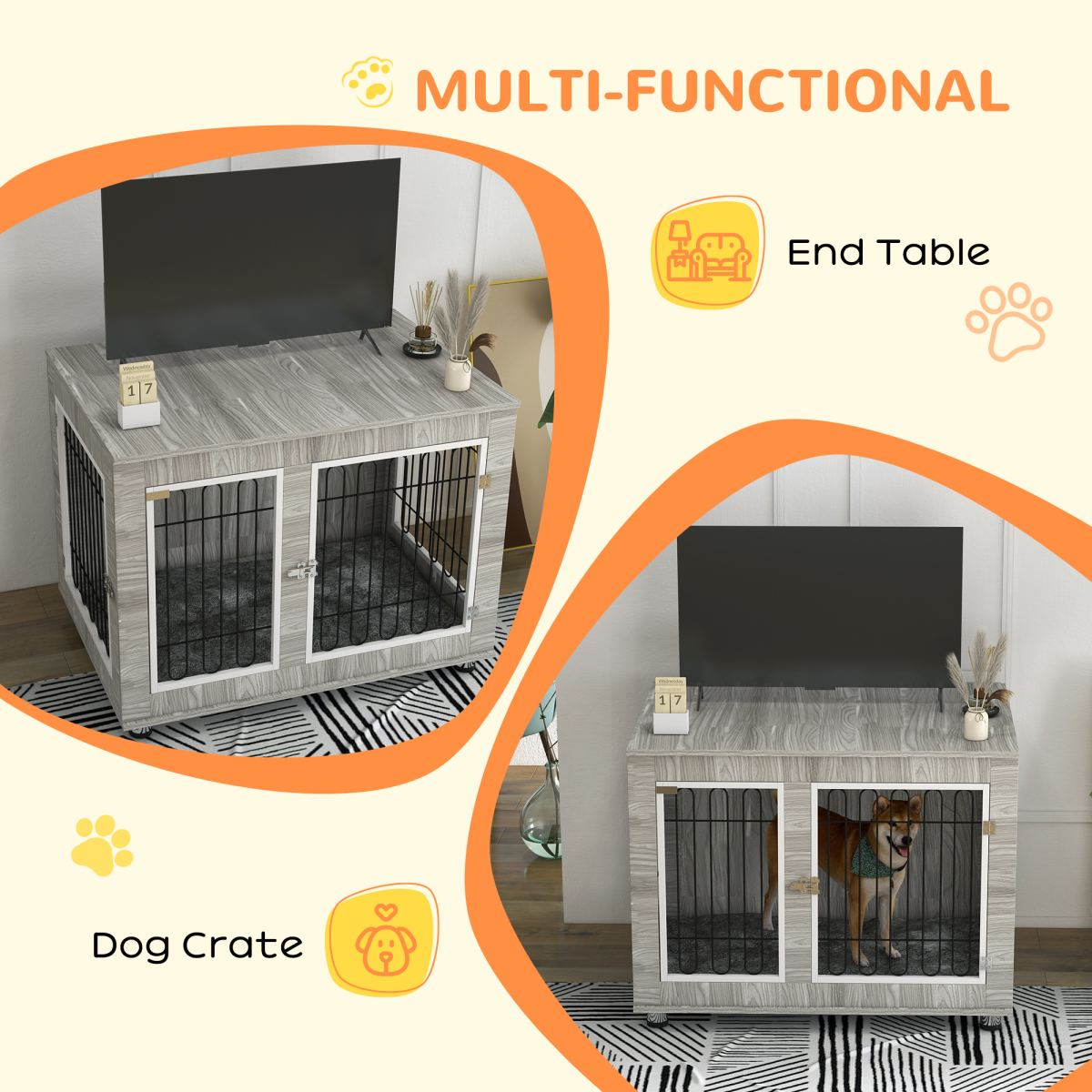 PawHut Dog Crate End Table with Soft Cushion, Double Doors