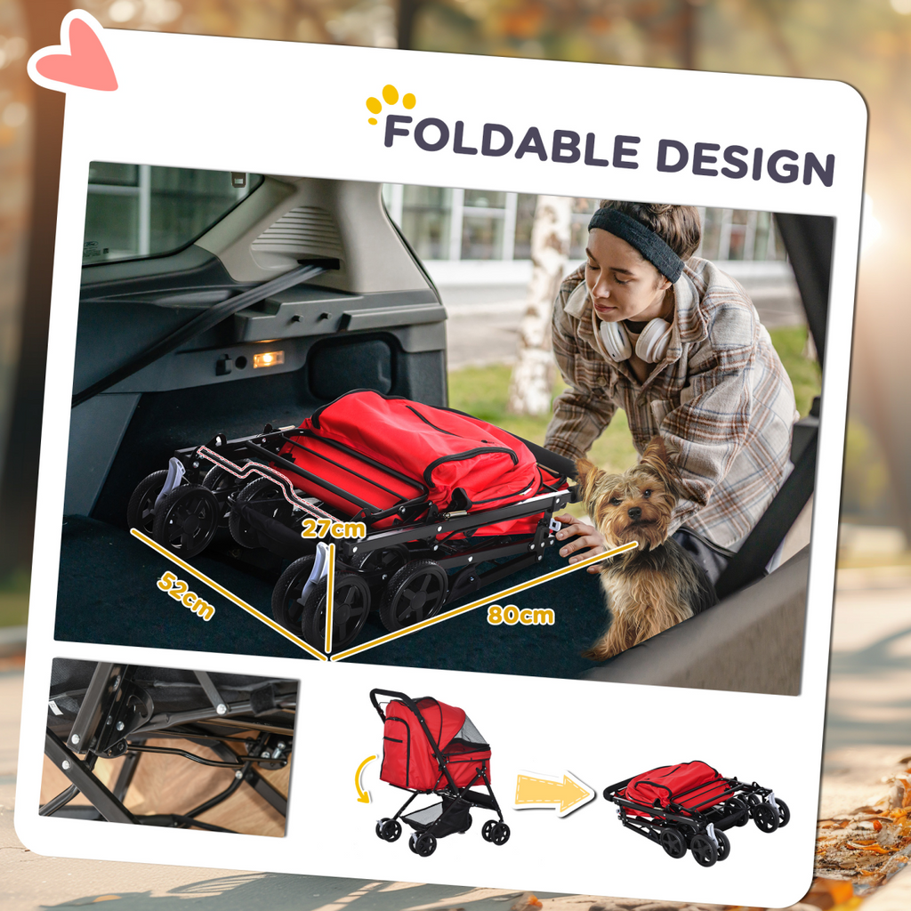 Foldable Four-Wheel Pet Stroller with Reversible Handle, Brakes & Storage