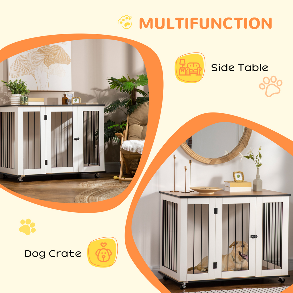 Lockable-Door Dog Crate End Table for Large Dogs - White Pawhut