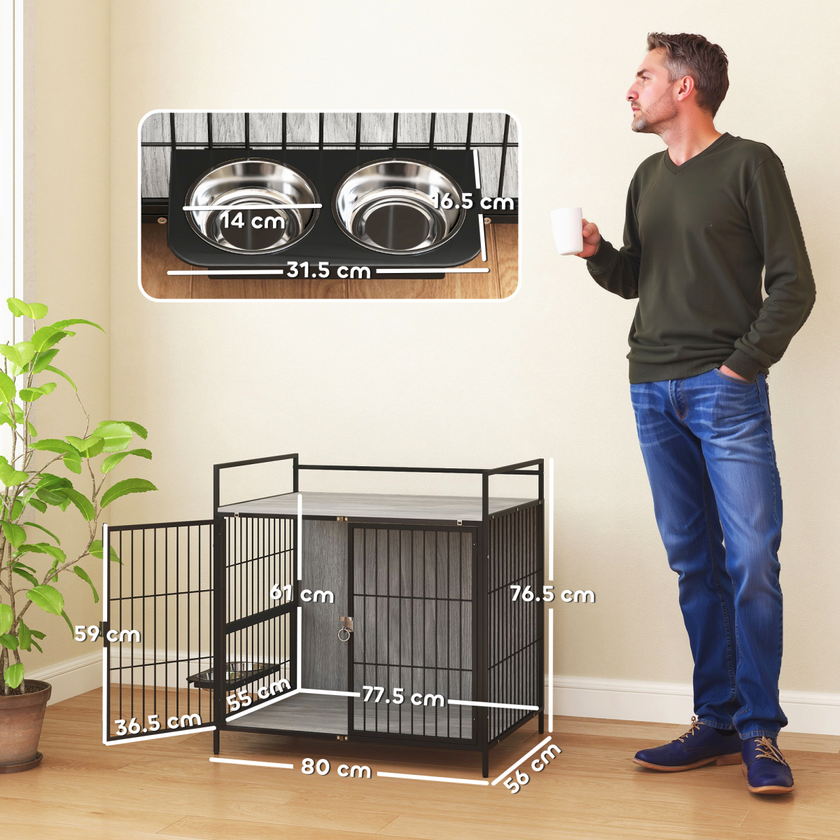 PawHut 2-in-1 Rotating Bowl Dog Crate Table for Medium Dogs, Grey