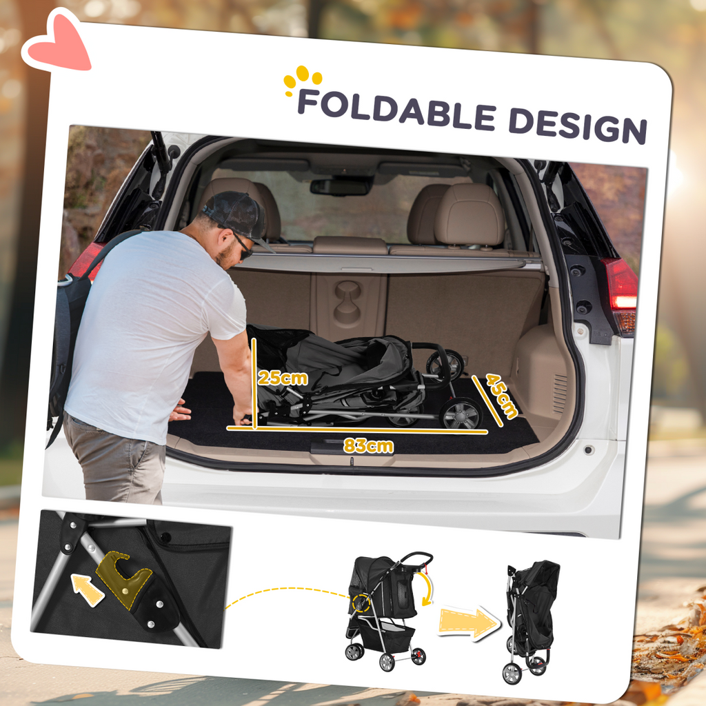 3-Wheel Cat & Dog Pet Stroller Carrier with Brake & Breathable Mesh - Black