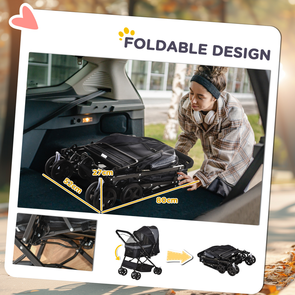 Foldable Pet Stroller with Reversible Handle - Four-Wheel Travel Carriage Black