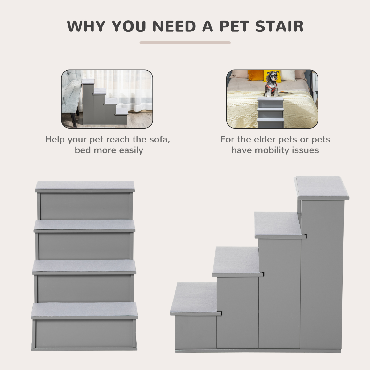 4-Step Wooden Pet Stairs with Cushioned Treads for Bed & Couch, Grey Pawhut